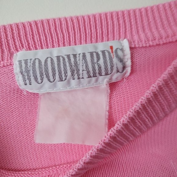 VINTAGE Woodward's Short Sleeve Embroidered Neckline Knit Pink Sweater - Picture 9 of 11